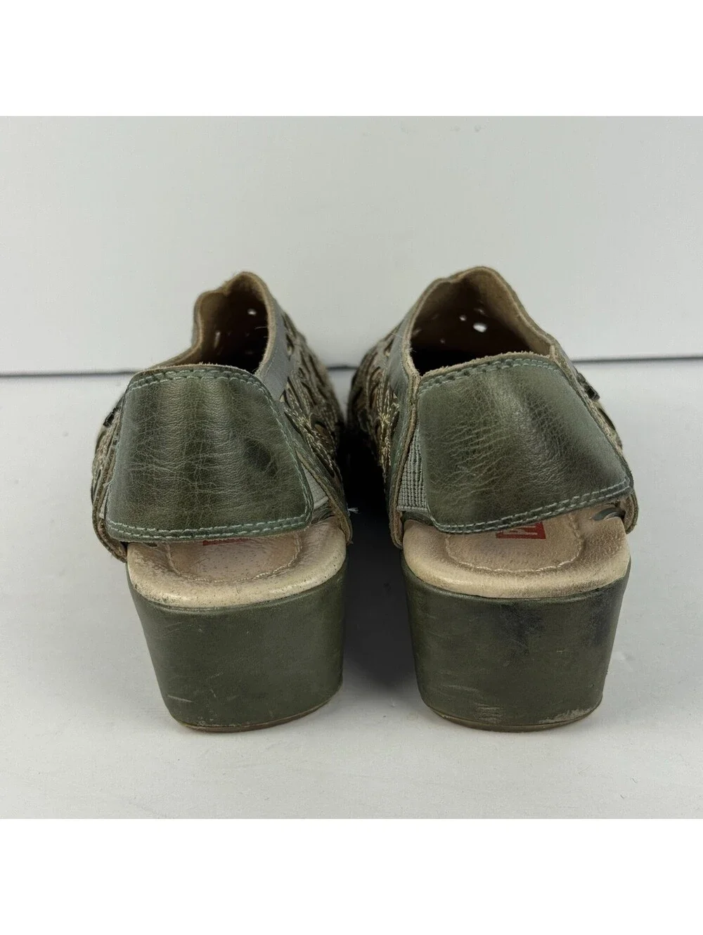 Pikolinos Romana Womens Size 37 Sling Back Wedge Sandals Green Tan Leather